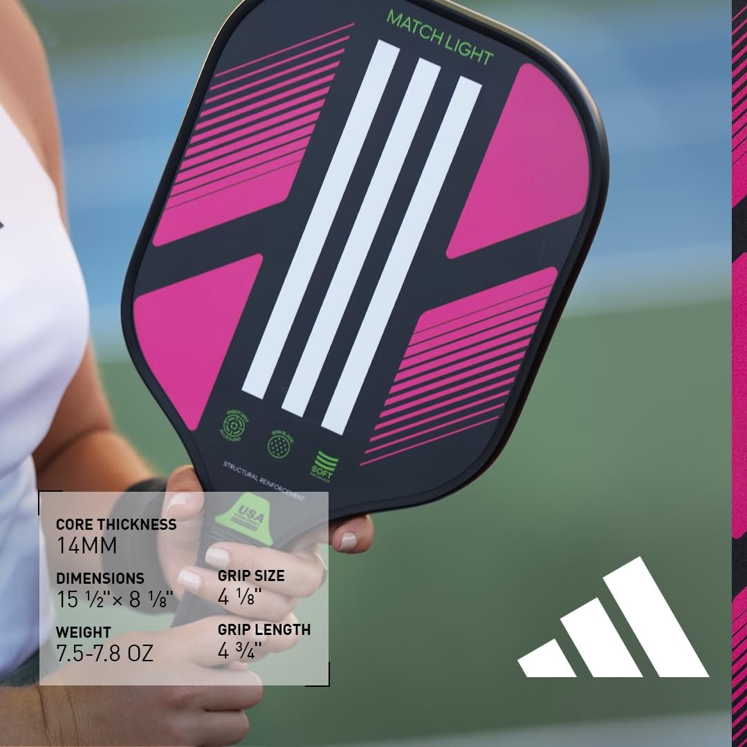 Adidas Match Pickleball Paddle - Fiberglass Surface - Polypropylene Honeycomb Core - Featuring Spinblade Grit - Designed for Beginners - USAPA Approved