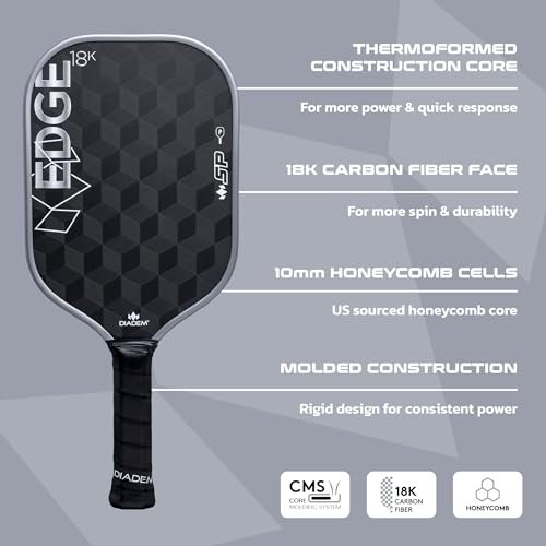 Diadem Sports, Edge 18K SP Pickleball Paddle, 18K Raw Carbon Face, Speed, Control, Spin, 14 mm Polymer Honeycomb Core, Fast Reloads and Quick Reactions, Silver