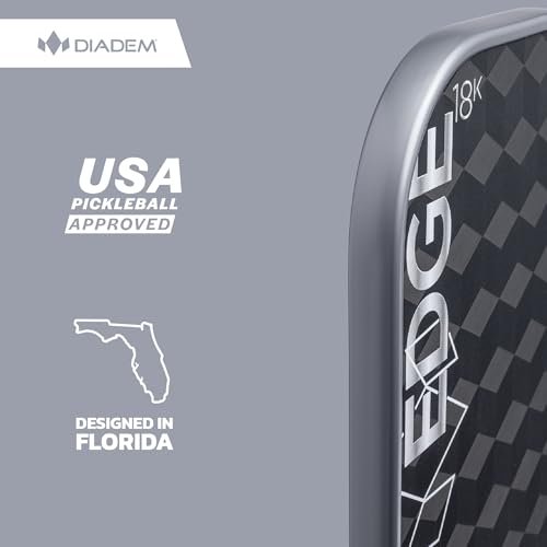 Diadem Sports, Edge 18K SP Pickleball Paddle, 18K Raw Carbon Face, Speed, Control, Spin, 14 mm Polymer Honeycomb Core, Fast Reloads and Quick Reactions, Silver