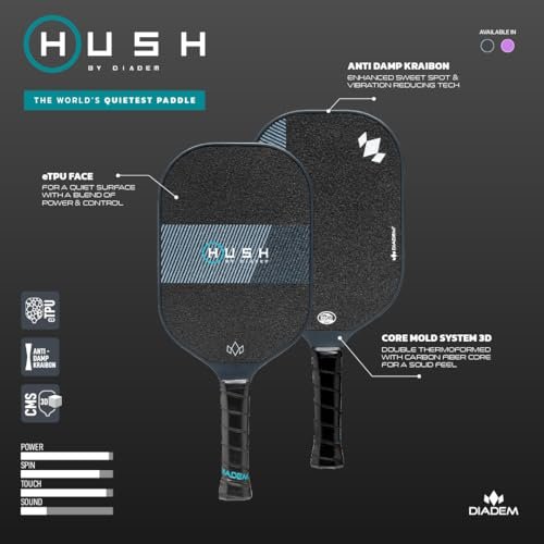 Diadem Hush | Quiet Pickleball Paddle, Double Thermoformed, Carbon Fiber Core, Power, Precision, Anti-Dampening Kraibon Technology (Black)