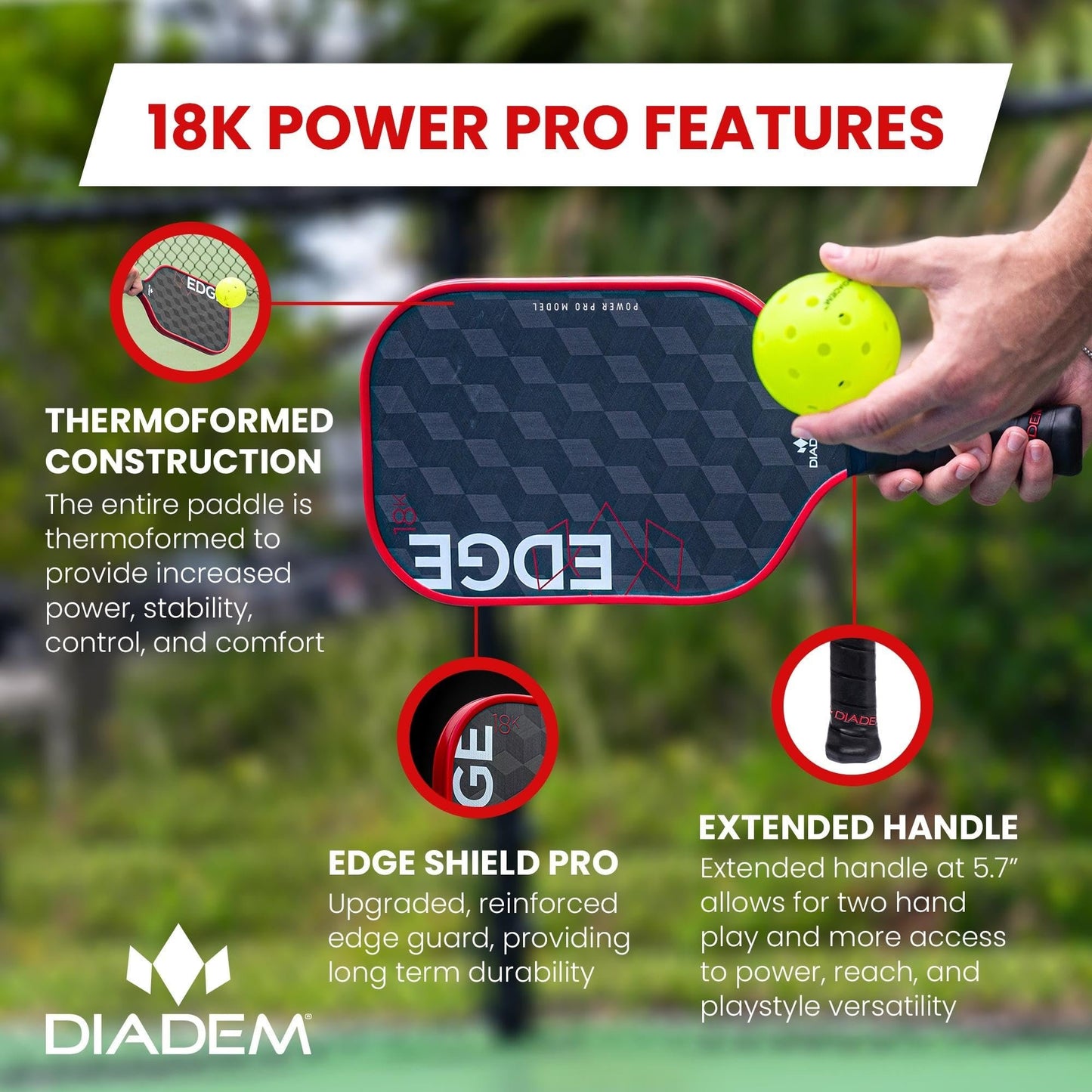 Diadem Edge 18K Power Pro Thermoformed Pickleball Paddle USAPA Approved | 18K Carbon Fiber Face for Spin & Control | 16mm Control Paddle