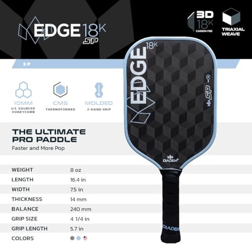 Diadem Sports, Edge 18K SP Pickleball Paddle, 18K Raw Carbon Face, Speed, Control, Spin, 14 mm Polymer Honeycomb Core, Fast Reloads and Quick Reaction (Arctic Mist)