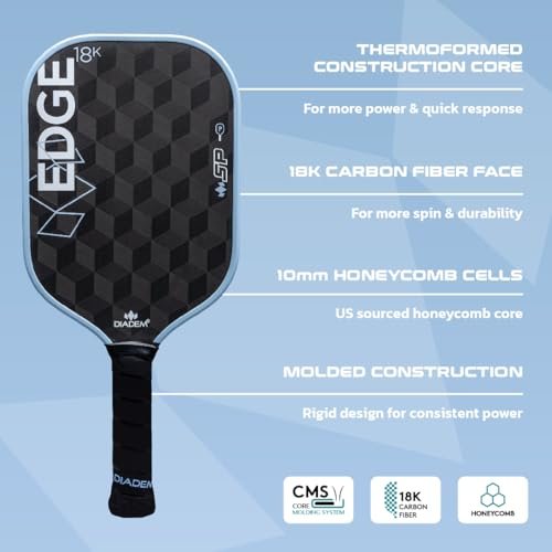 Diadem Sports, Edge 18K SP Pickleball Paddle, 18K Raw Carbon Face, Speed, Control, Spin, 14 mm Polymer Honeycomb Core, Fast Reloads and Quick Reaction (Arctic Mist)