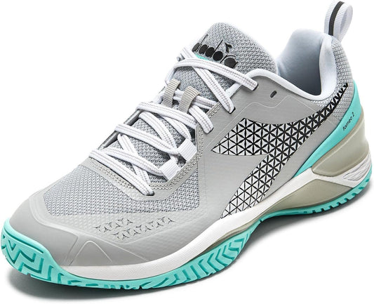 Diadora Women's Blushield Torneo 2 W Ag Tennis Shoe, Silver DD/Black/Aruba Blue,