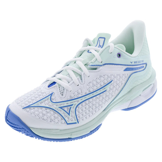 Mizuno Women`s Wave Exceed Tour 6 Tennis Shoes White and Frontier Blue