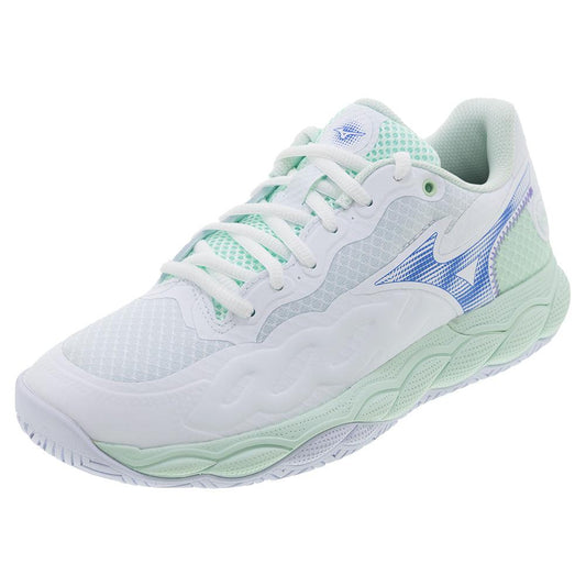 Mizuno Women`s Wave Enforce Court Tennis Shoes White and Frontier Blue