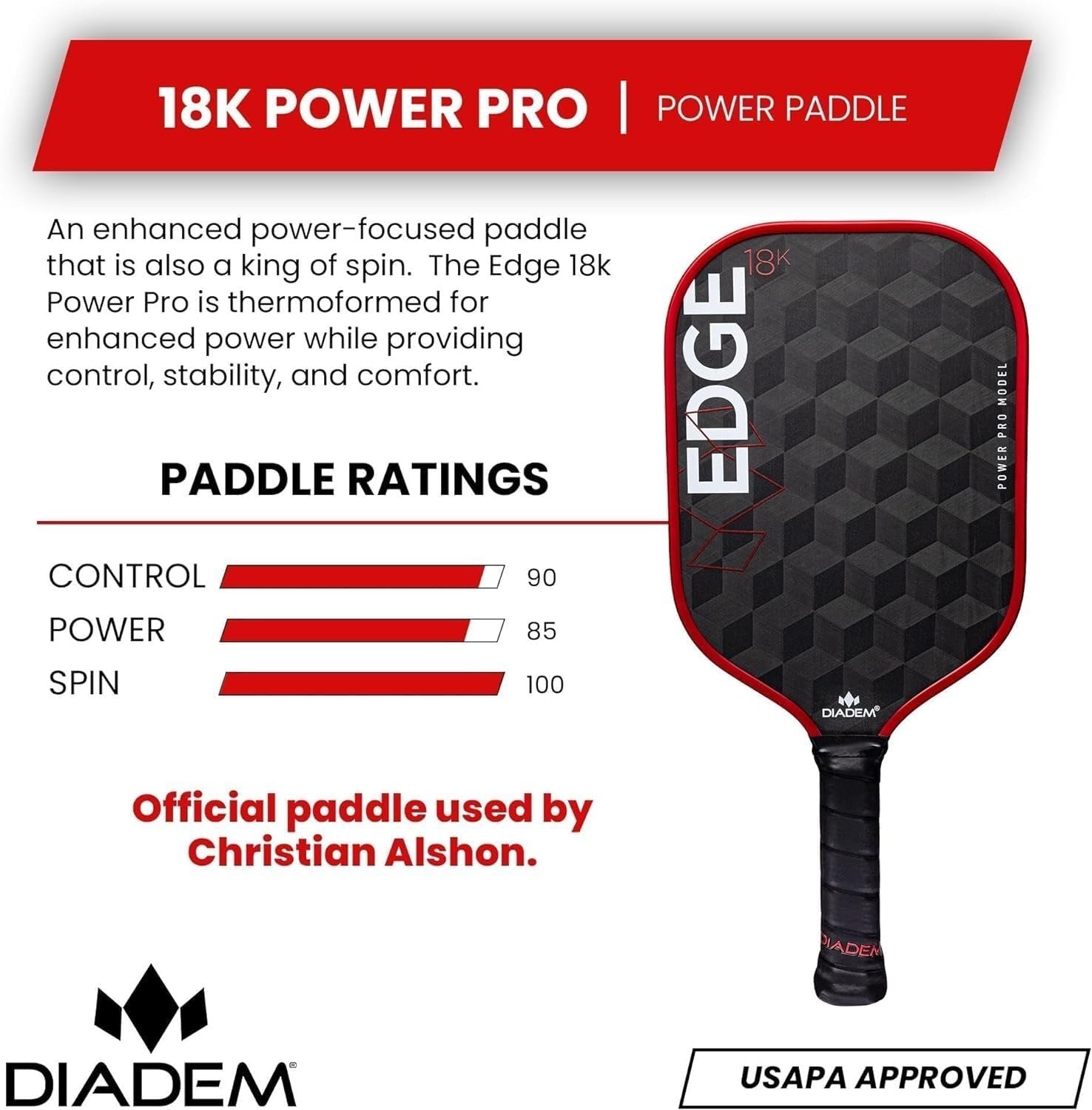 Diadem Edge 18K Power Pro Pickleball Paddle USAPA Approved | 18K Carbon Fiber Face for Spin & Control | 16mm Control Paddle, Teal