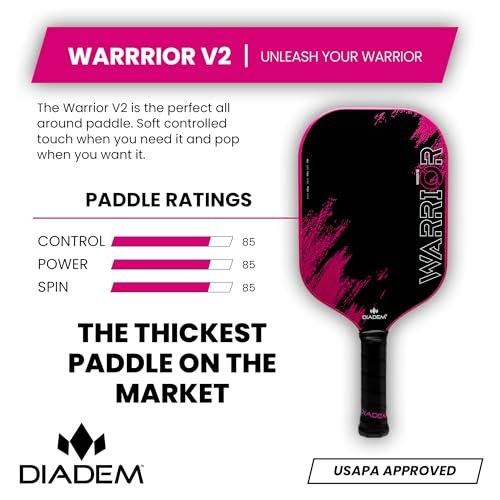 Diadem Warrior V2 Pickleball Paddle – Liquid Carbon Fiber Edgeless Design, Etched Face for Lasting Spin, 19MM Thick, 3 Layer Construction (Pink)