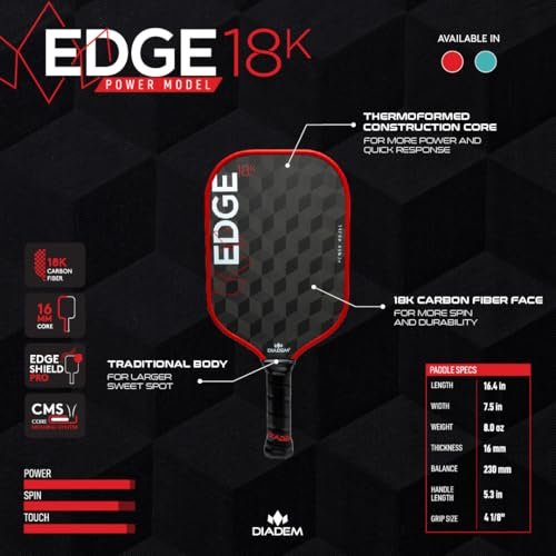 Diadem Edge 18K Power Pickleball Paddle USAPA Approved | 18K Carbon Fiber Face for Spin & Control | 16mm Control Paddle (Red)