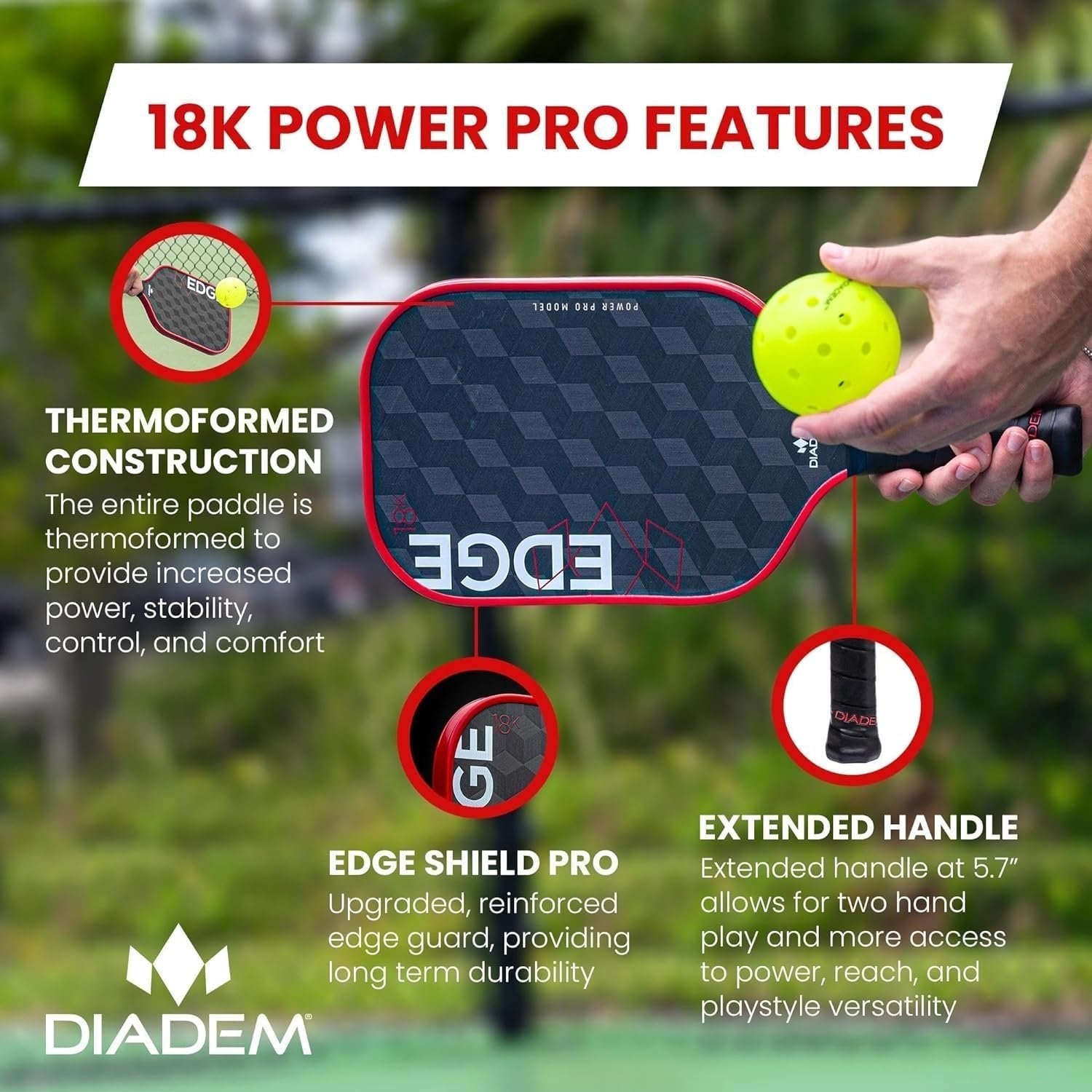 Diadem Edge 18K Power Pro Pickleball Paddle USAPA Approved | 18K Carbon Fiber Face for Spin & Control | 16mm Control Paddle, Teal