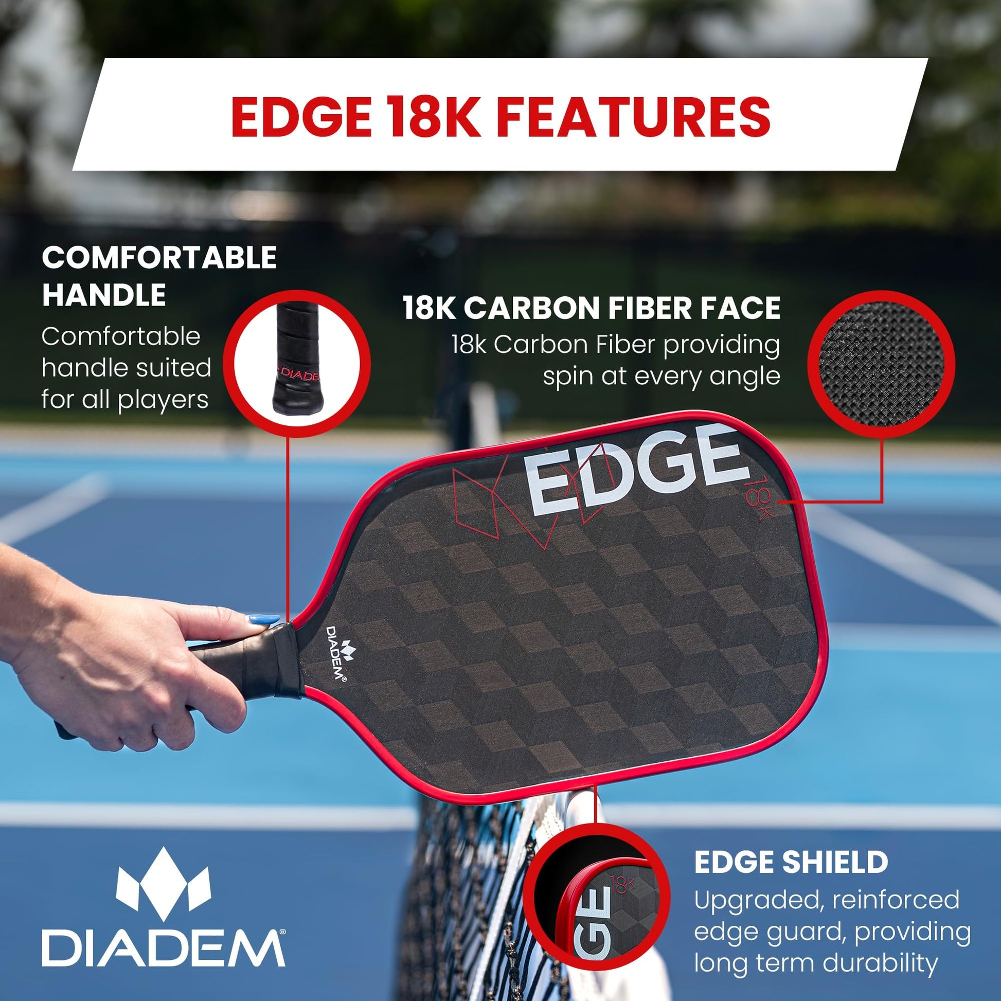 Diadem Edge 18K Pickleball Paddle USAPA Approved | 18K Carbon Fiber Face for Spin & Control | 16mm Control Paddle, Red