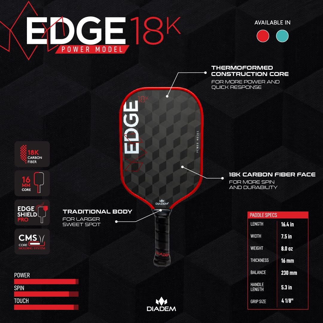 Diadem Edge 18K Power Pickleball Paddle USAPA Approved | 18K Carbon Fiber Face for Spin & Control | 16mm Control Paddle, Limited Edition (Black)