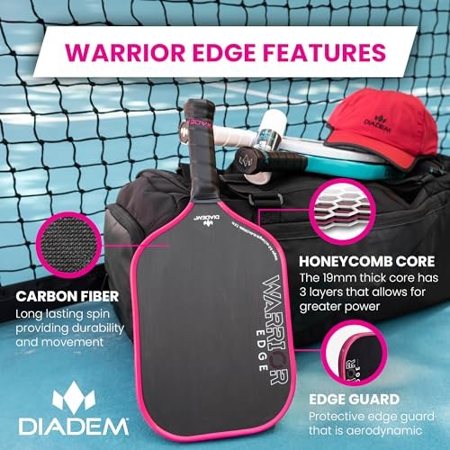 Diadem Warrior Edge Pickleball Paddle | Etched Carbon Face for Max Spin, 16mm Aero Guard, Comfort Max Grip, 16mm Honeycomb Core, Midweight 8oz | Indoor/Outdoor | USAPA Approved, Pink
