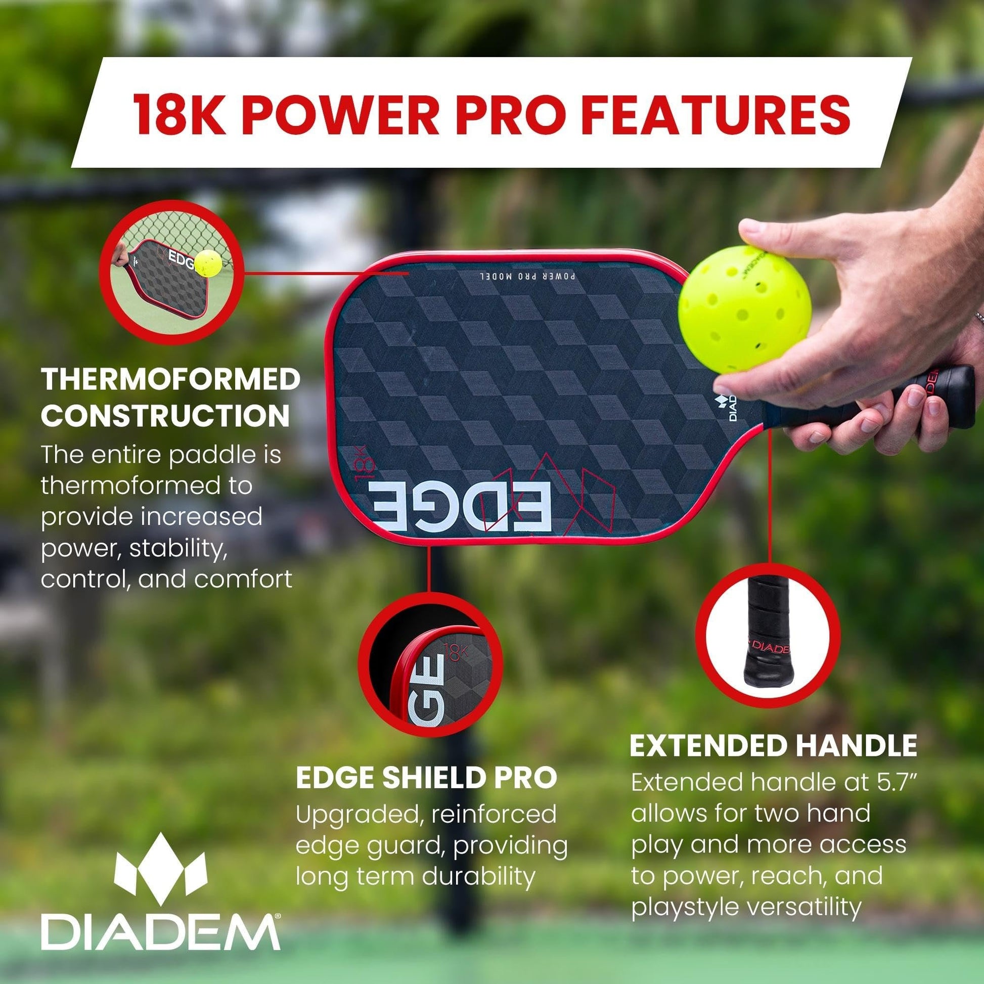 Diadem Edge 18K Power Pro Thermoformed Pickleball Paddle USAPA Approved | 18K Carbon Fiber Face for Spin & Control | 16mm Control Paddle