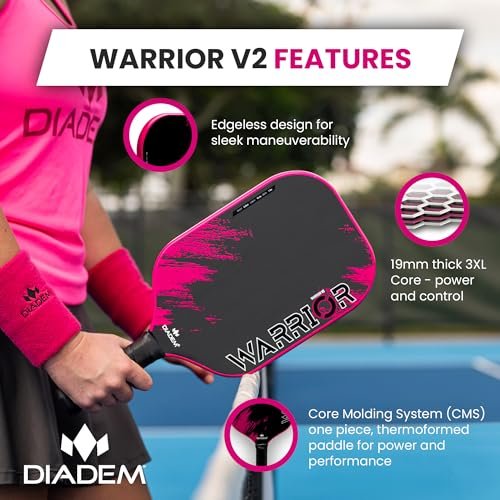 Diadem Warrior V2 Pickleball Paddle – Liquid Carbon Fiber Edgeless Design, Etched Face for Lasting Spin, 19MM Thick, 3 Layer Construction (Pink)